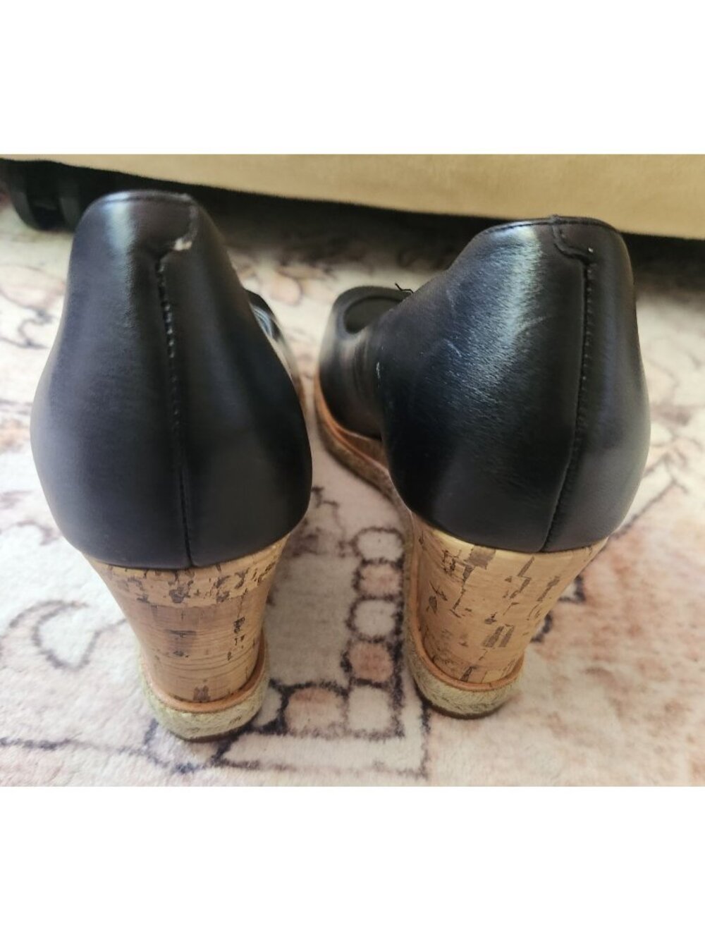Cole Haan Women's Sz. 7.5 Black Leather Peep Toe Wedge Sandals - Picture 3 of 7